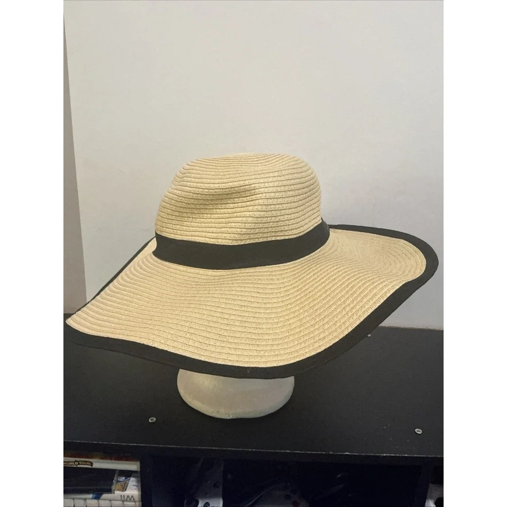 Lane Bryant Straw Sun Hat Wide Brim Beige Black One Size Summer NWT